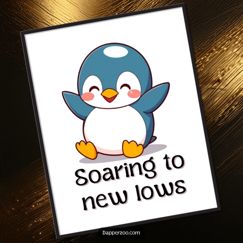 Funny penguin poster depicting a comical bird with small wings flapping, trying to fly with a funny, determined expression, great wall art.