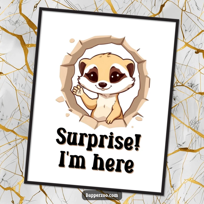 Funny meerkat poster depicting a mischievous character popping out of a hole, winking and waving.