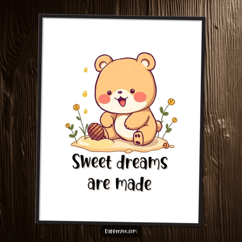 Funny Kawaii bear character’s eager honey digging action depicted on a poster, creating a whimsical and humorous wall decoration.