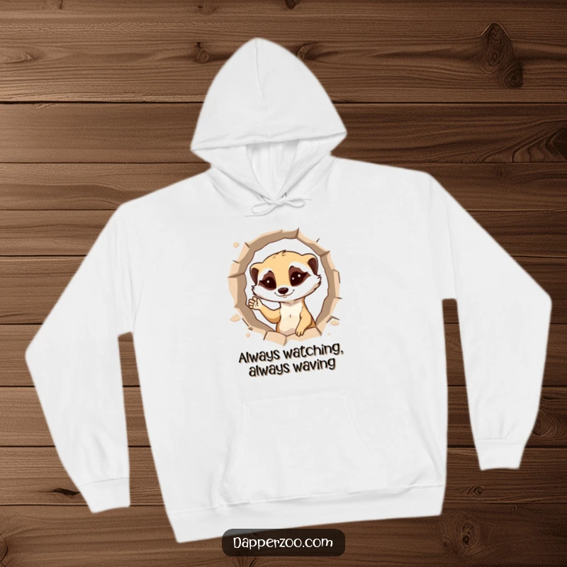 Funny meerkat hoodie, a cozy garment featuring a mischievous meerkat popping up, winking and waving.
