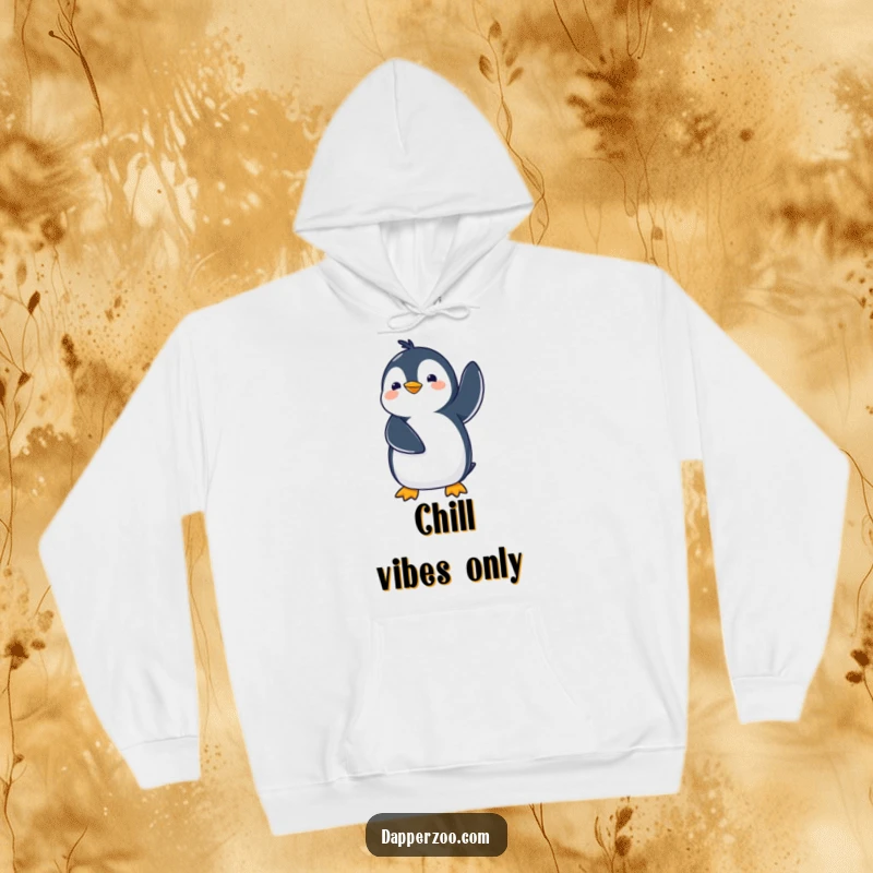 Funny kawaii penguin hoodie showing a cute penguin comically waddling with flippers in the air, perfect for cozy and humorous moments.