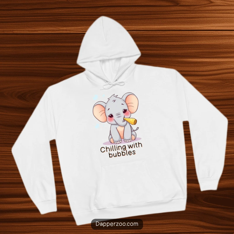Funny hoodie showcasing a curious elephant calf blowing bubbles with delight using a tiny party blower, perfect for cozy fun.