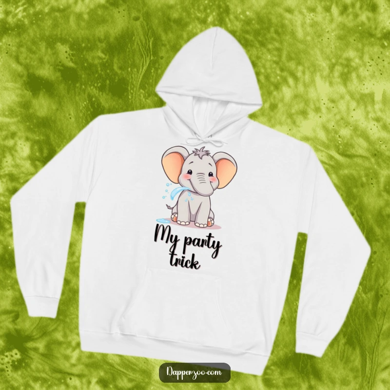 Funny elephant hoodie showing a smiling creature spraying water from its trunk with delight, perfect cozy gift.