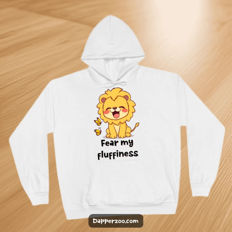 Funny kawaii lion hoodie showing a cute lion roaring playfully at a tiny butterfly, perfect for warm and humorous wear.