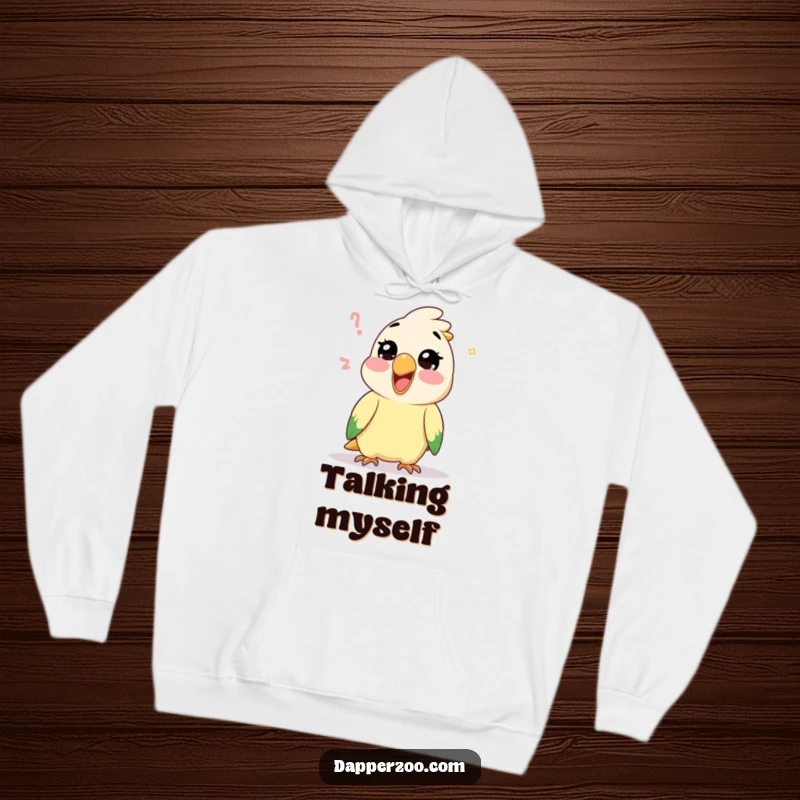 Funny Kawaii parrot character mimicking a sound with gleeful expression on a comfortable hoodie, exuding warmth and vocal humor.