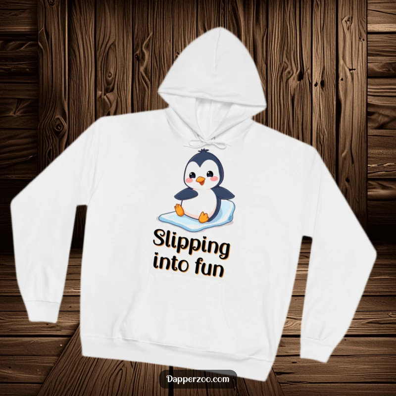 Funny penguin character slides down an ice slide on its belly, featured on this warm and snugly hoodie.