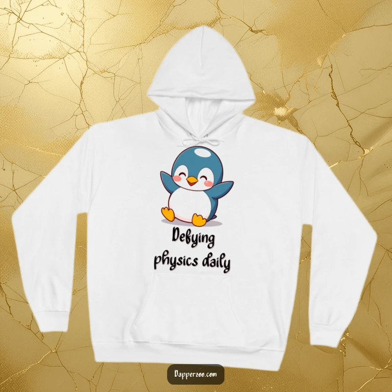 Funny penguin hoodie showing a comical bird with small wings flapping, trying to fly with an amusing, determined look, ideal gift.