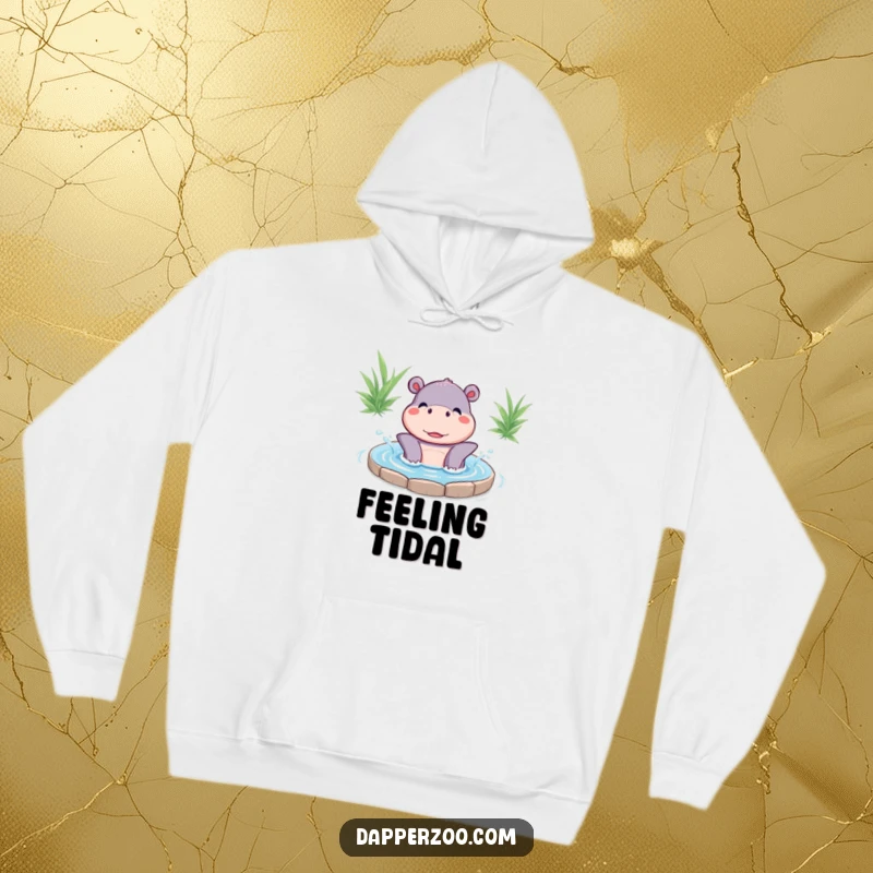 Funny Kawaii hippo character happily splashing water on a comfortable hoodie, exuding warmth and playful fun.