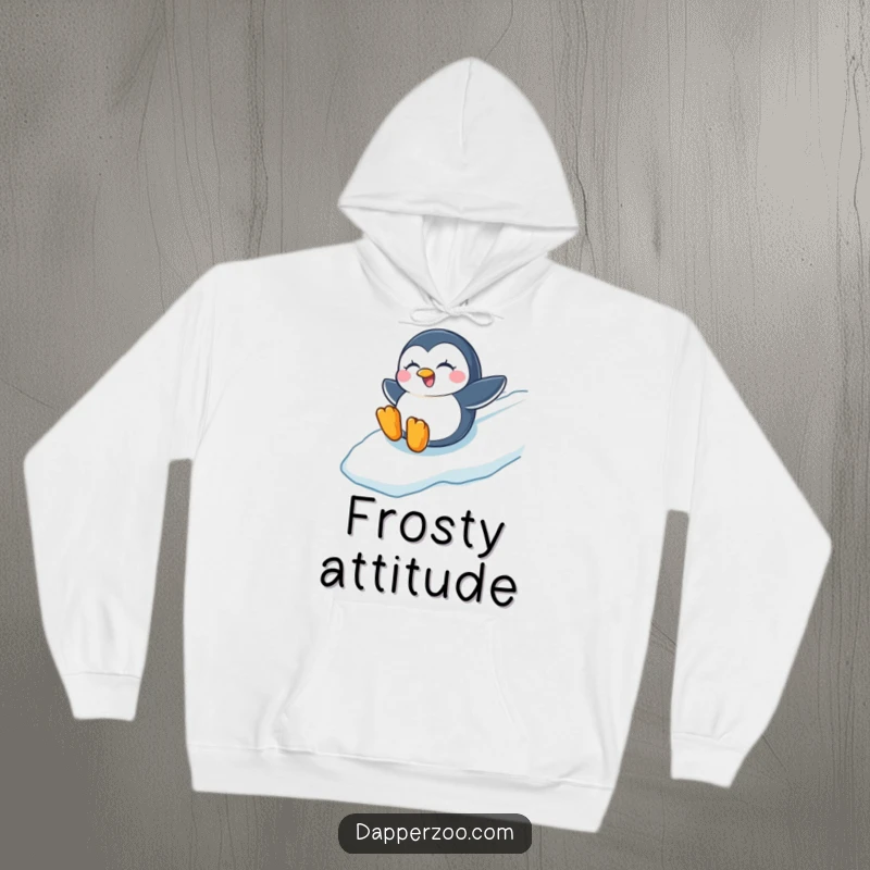 Funny hoodie featuring a winking penguin enjoying a joyful slide down an icy slope, a heartwarming winter scene.