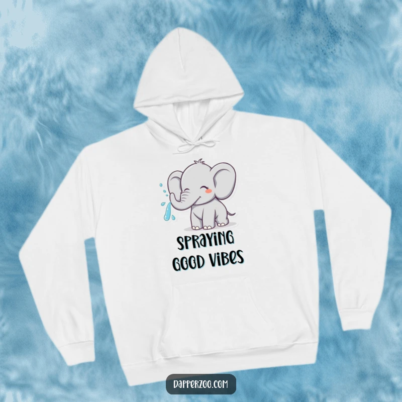Funny cheerful elephant character spraying water from its trunk in a joyful arc, featured on a cozy hoodie.