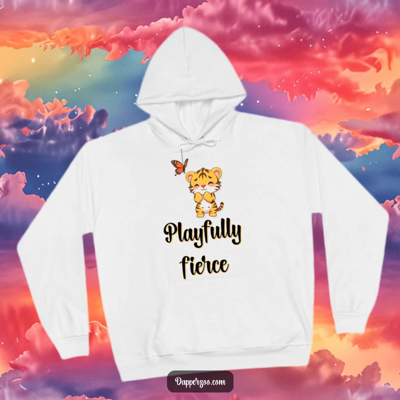 Funny hoodie featuring a playful tiger cub batting with delight at a dangling butterfly, a cute scene of childhood joy.