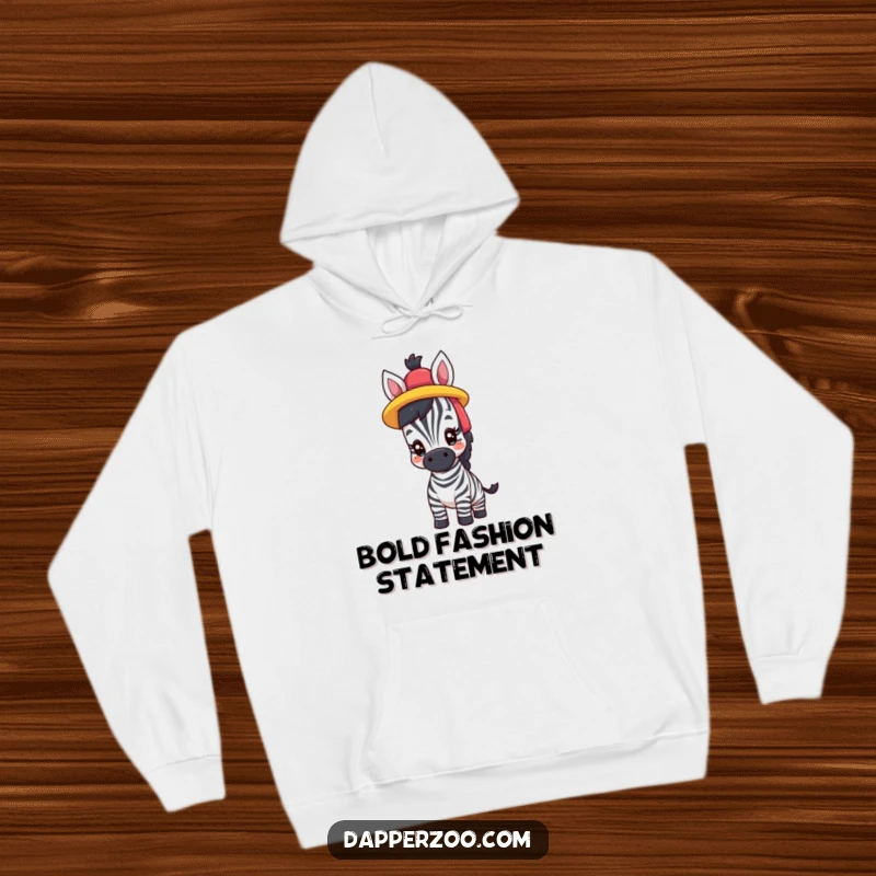 Funny hoodie featuring a proud zebra comically trying on a brightly colored hat, a stylish and humorous design.
