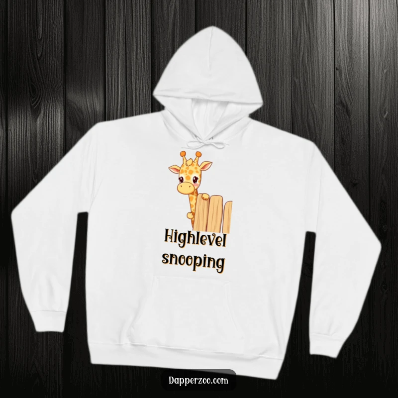 Funny kawaii giraffe hoodie showing a cute giraffe curiously peeking over a tall fence, perfect for cozy and curious moments.
