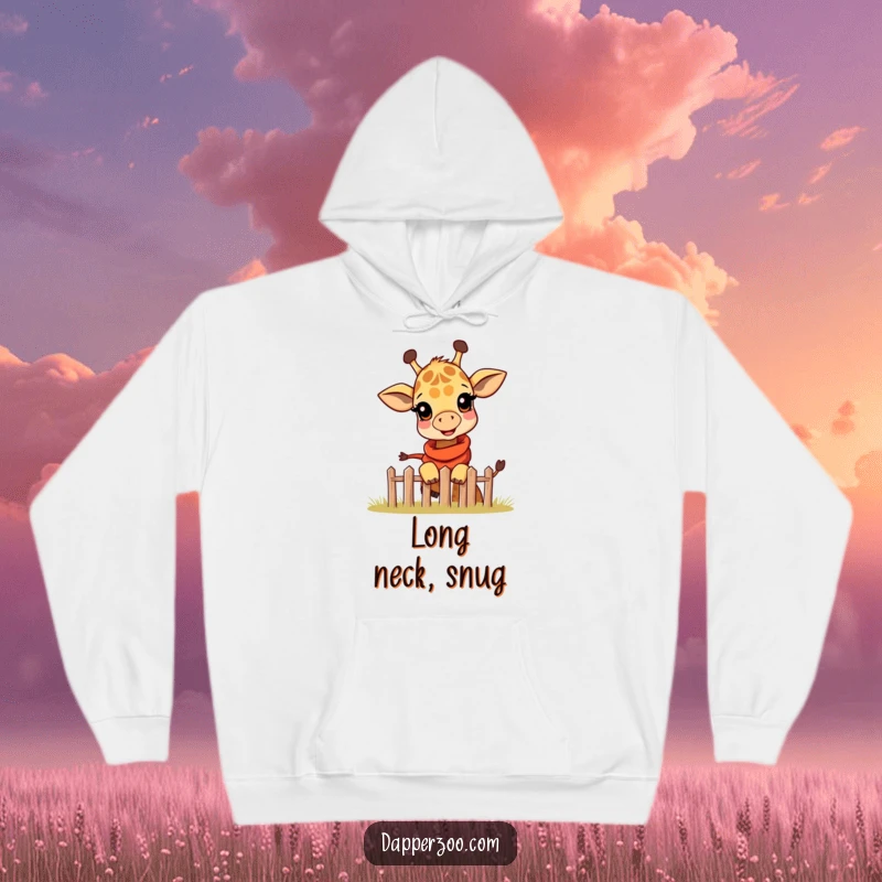 Funny hoodie featuring a happy giraffe calf in a tiny scarf, playfully peeking over a miniature fence, exuding warmth.