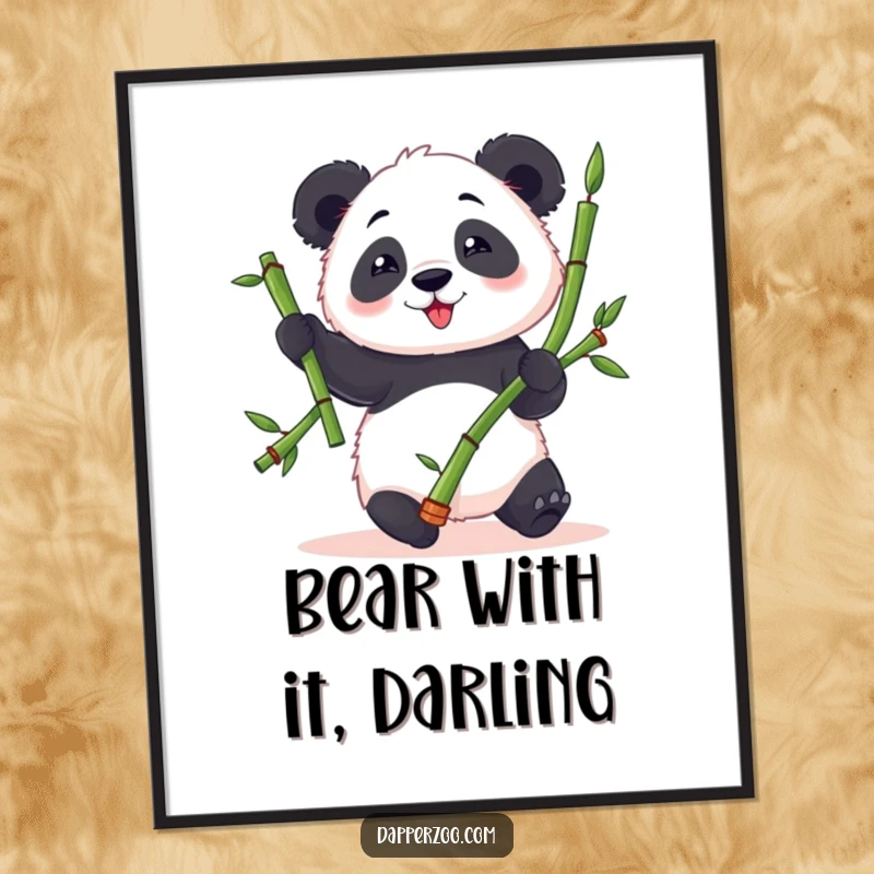 Funny Free Printable Wall Art: Fluffy panda comically juggling bamboo stalks, radiating clumsy delight and endearment.