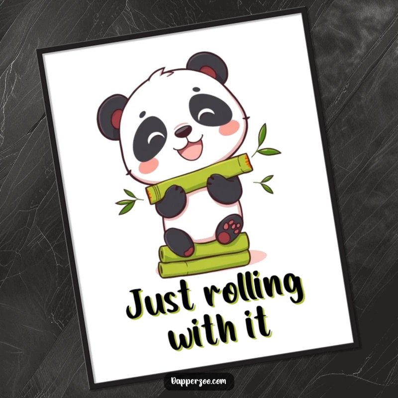Funny Free Printable Panda Wall Art: Curious panda bear grinning while attempting to balance a tall stack of bamboo shoots.