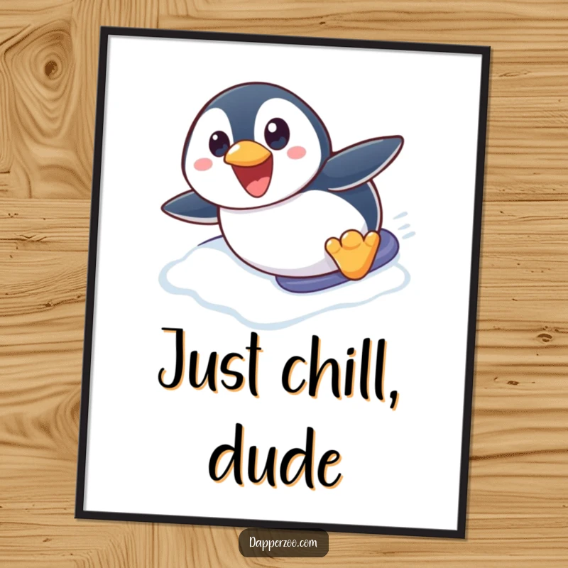 Funny Free Printable Wall Art: Penguin excitedly belly-sliding down an icy slope, capturing a moment of pure, unadulterated fun.