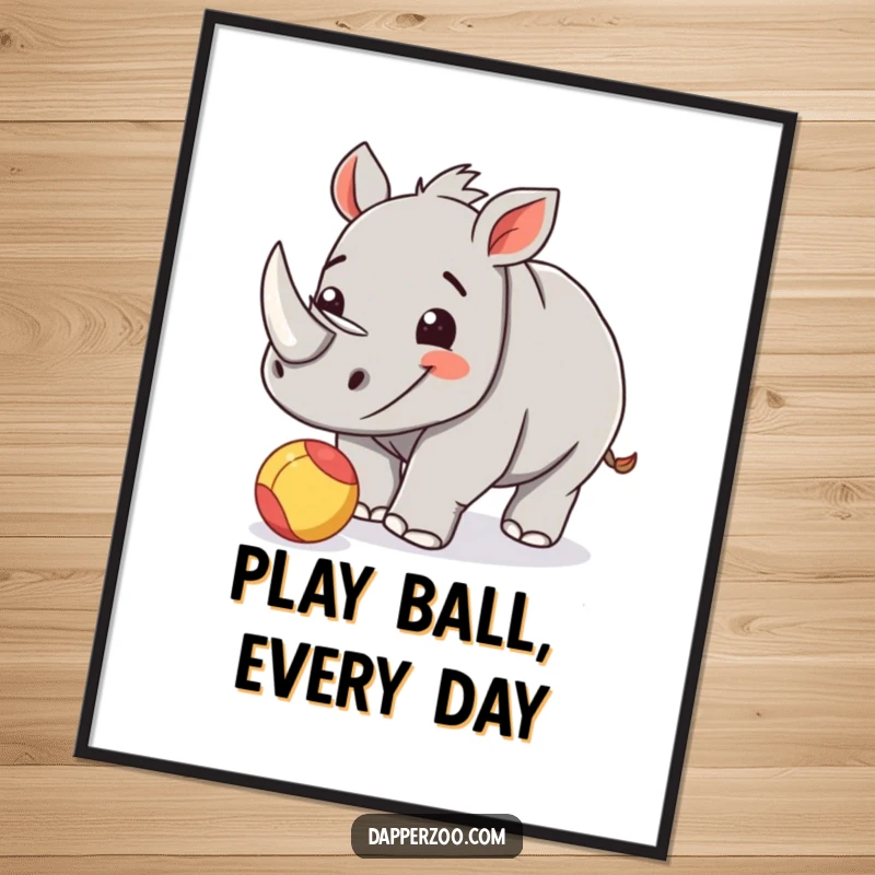 Funny Free Printable Rhino Wall Art: Happy rhinoceros calf playfully nudging a small, brightly colored ball with enthusiasm.