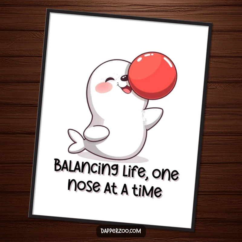 Funny Free Printable Wall Art: Adorable seal character with a large red ball balanced perfectly on its nose.