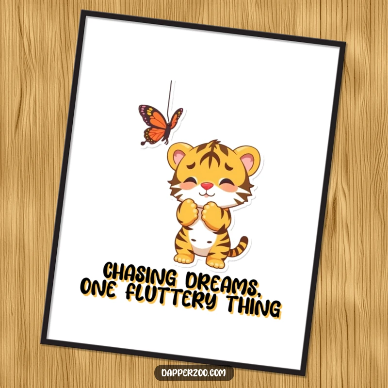 Funny Free Printable Wall Art: A cute tiger cub playfully batting its paws at a brightly colored butterfly.
