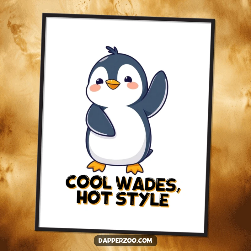 Funny Free Printable Wall Art: A silly Kawaii penguin comically waddles with its flippers flung high, creating a scene of pure, lighthearted amusement.