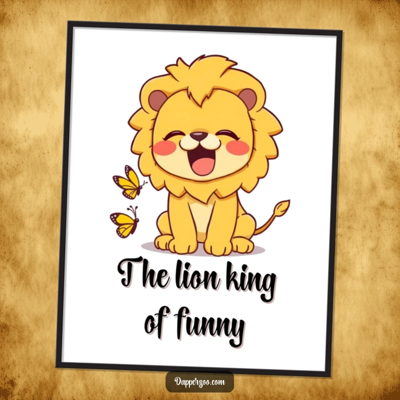 Funny Free Printable Wall Art: A bold Kawaii lion playfully roars, its mighty sound directed at a tiny, unsuspecting butterfly, adding humor to any room.