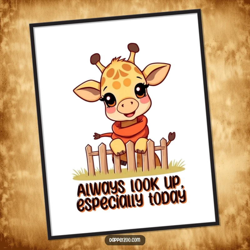 Funny Free Printable Wall Art: Giraffe calf wearing scarf peeking over fence, curious, playful, charming decor, downloadable art