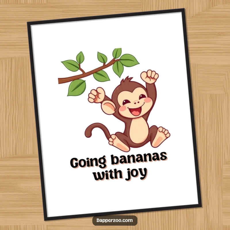 Funny Free Printable Wall Art: A happy Kawaii monkey swings with absolute glee from a sturdy vine, bringing a sense of playful adventure to any room.