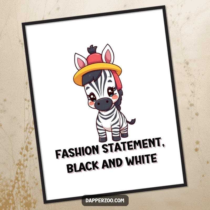 Funny Free Printable Wall Art: A proud zebra comically balances a large, brightly colored hat on its head.
