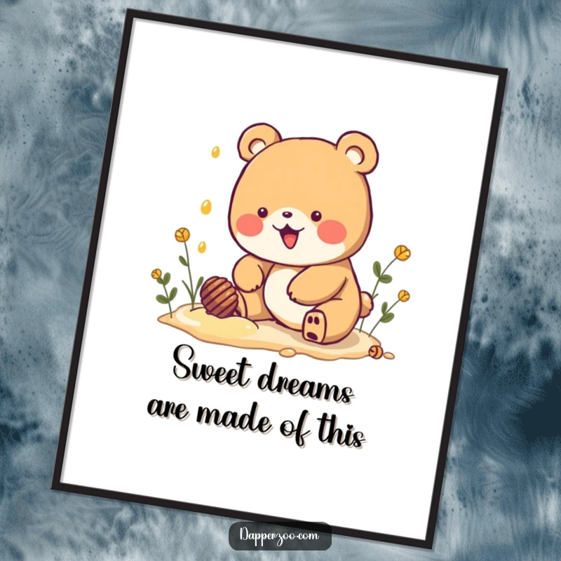 Funny Free Printable Wall Art: A delightful Kawaii bear enthusiastically digs for imaginary honey, bringing cheerful vibes.