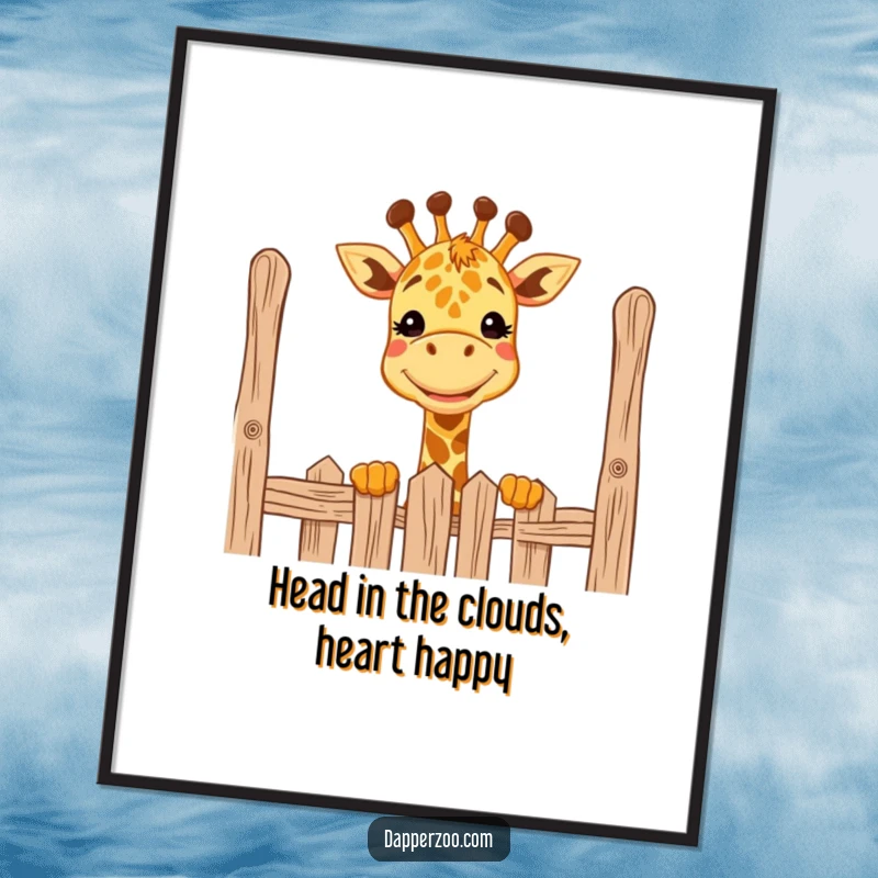 Funny Free Printable Wall Art: A cheerful giraffe with a wide grin, playfully peeking over a tall fence, adding a humorous touch.