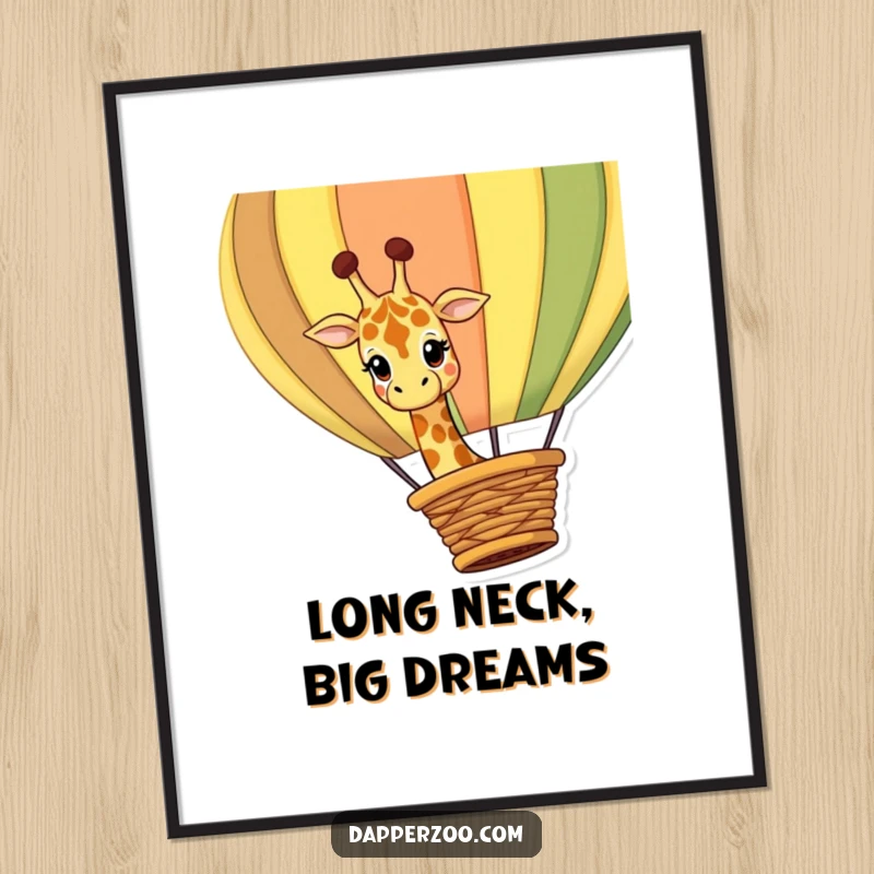 Funny Free Printable Wall Art: Curious giraffe peeking over a giant, colorful hot air balloon basket with a sense of wonder.