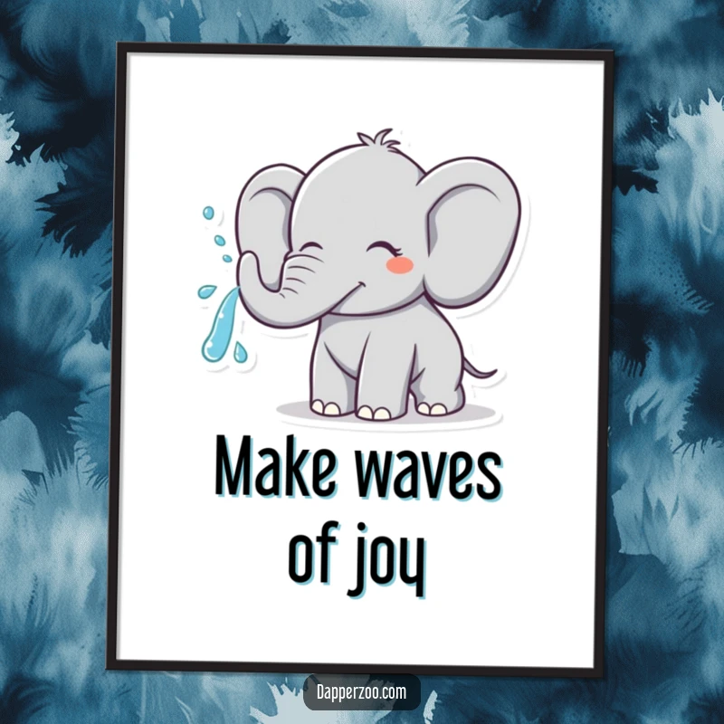 Funny free printable wall art: A cheerful elephant character spraying a joyful arc of water from its trunk.