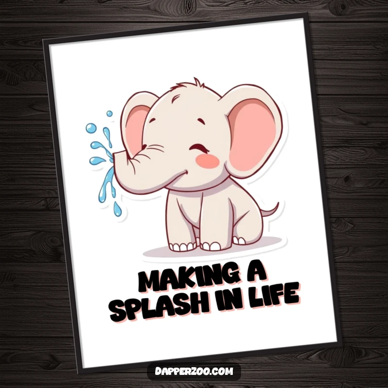 Funny Free Printable Wall Art: A happy Kawaii elephant joyfully sprays a magnificent arch of water, bringing a sense of refreshing fun to the space.