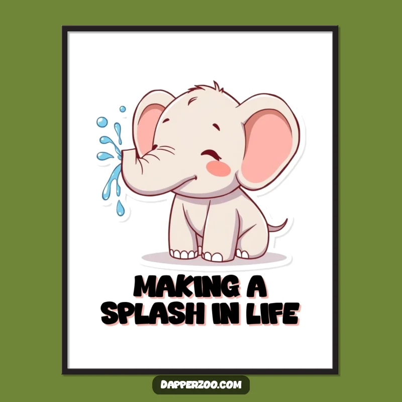 Free Printable Wall Art: Joyful Kawaii Elephant Spraying Water, Hilarious Downloadable Art