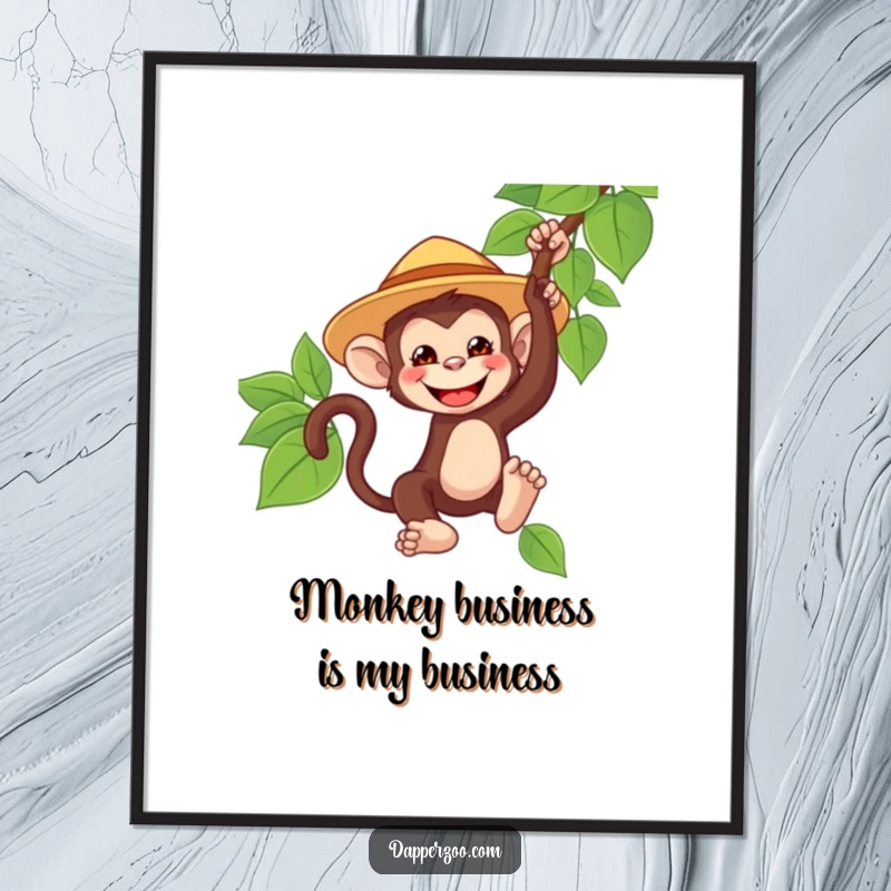 Funny Free Printable Wall Art: A playful monkey with a big grin and an oversized safari hat swings from a vine, embodying jungle fun.