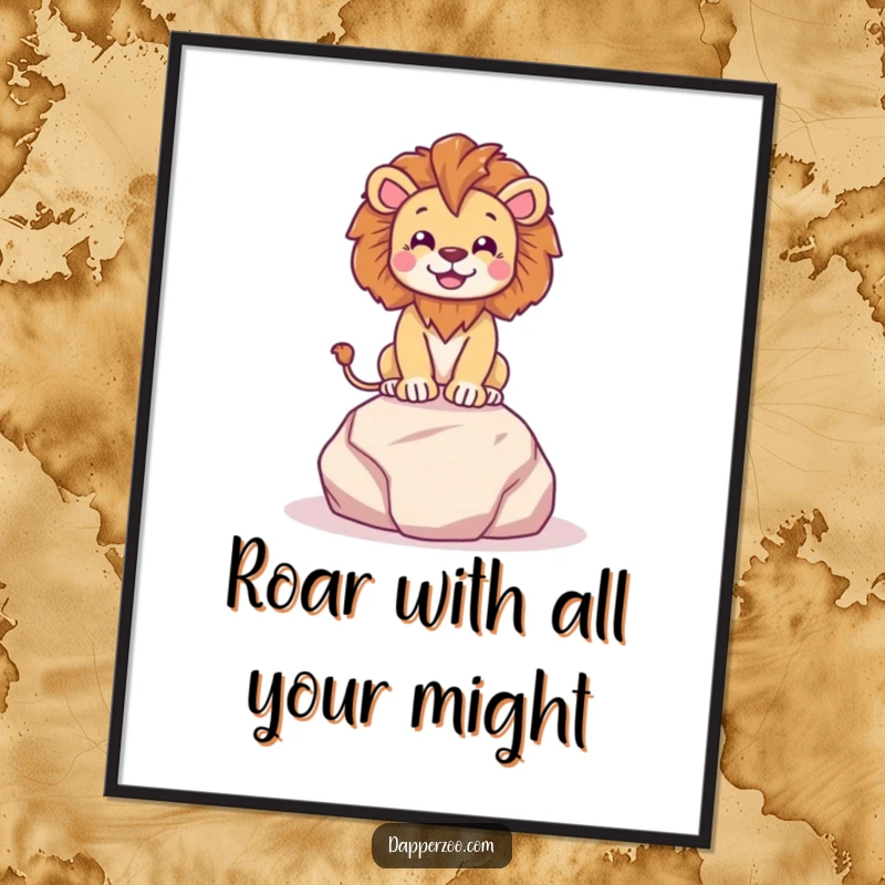 Funny free printable wall art: A happy lion character posing dramatically and regally on a tiny plush rock.