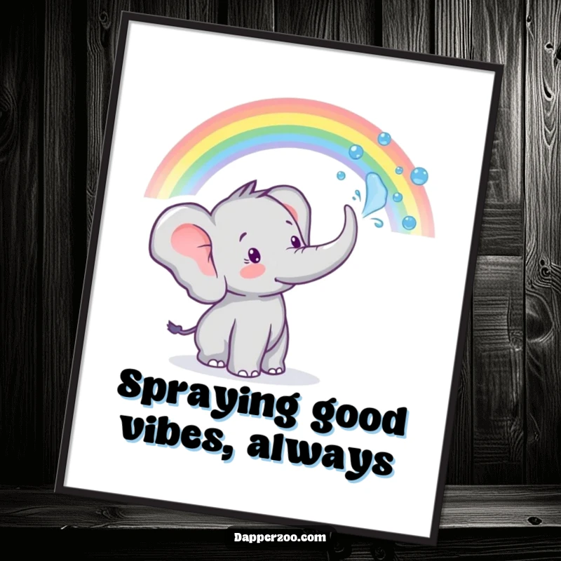 Funny Free Printable wall art: A tiny elephant character joyfully spraying water from its trunk to create a vibrant, magical rainbow.