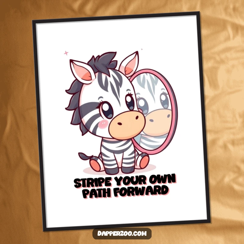 Funny Free Printable Wall Art: A Kawaii zebra shows comical surprise upon seeing its own reflection, a quirky addition.