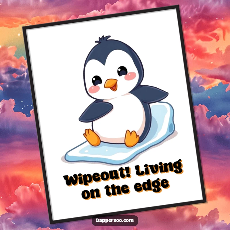 Funny Free Printable wall art: A playful penguin character excitedly sliding down an ice slide using its belly, capturing winter fun.