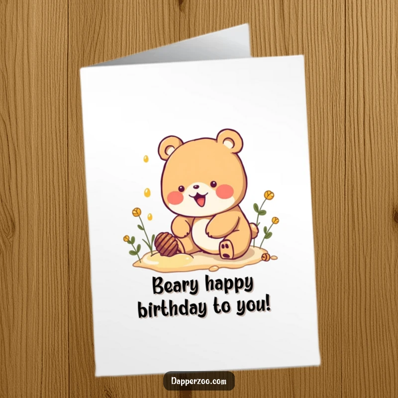 Funny Free Printable Birthday Card: An excited Kawaii bear digs happily for imaginary honey, celebrating a sweet birthday.