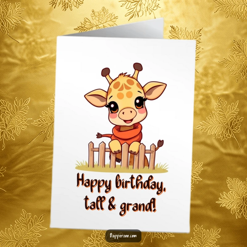 Funny Free Printable Birthday Card: Happy giraffe calf wearing scarf peeking over fence, curious, playful, downloadable gift