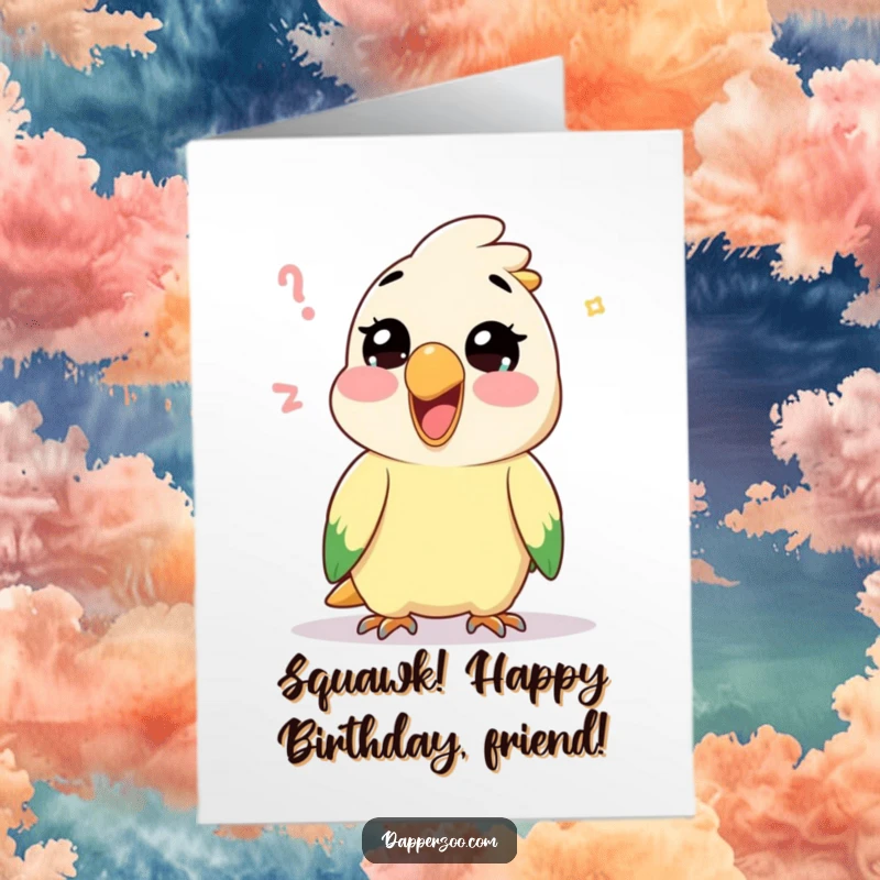 Funny Free Printable Birthday Card: A delighted Kawaii parrot mimics a silly sound with glee, wishing a funny birthday.