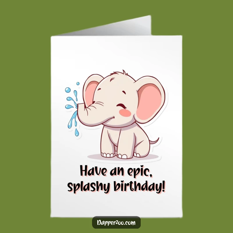Free Printable Birthday Card: Joyful Kawaii Elephant Spraying Water, Funny Downloadable Gift