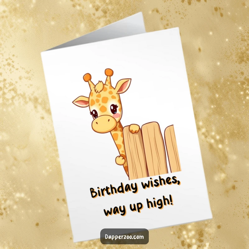 Funny Free Printable Birthday Card: A curious Kawaii giraffe peeks its long neck over a tall fence, playfully observing birthday festivities with wide eyes.