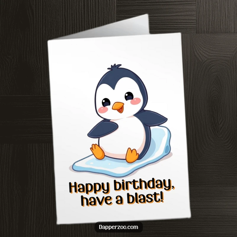 Funny Free Printable birthday card: Playful penguin character excitedly belly sliding down an icy slope, pure joyous fun.