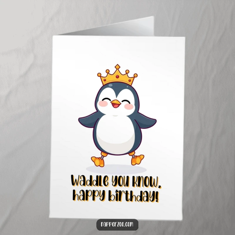 Funny Free Printable Birthday Card: A giggling penguin in a tiny crown tries to balance on stilts, ready for a birthday bash.