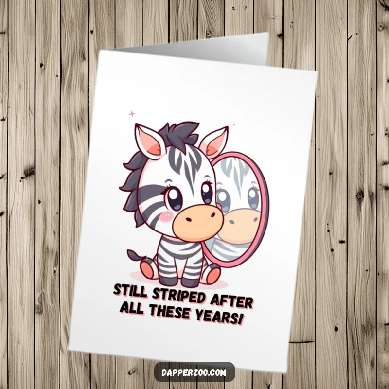 Funny Free Printable Birthday Card: A Kawaii zebra looks shocked at its own reflection, wishing a hilariously surprised happy birthday.