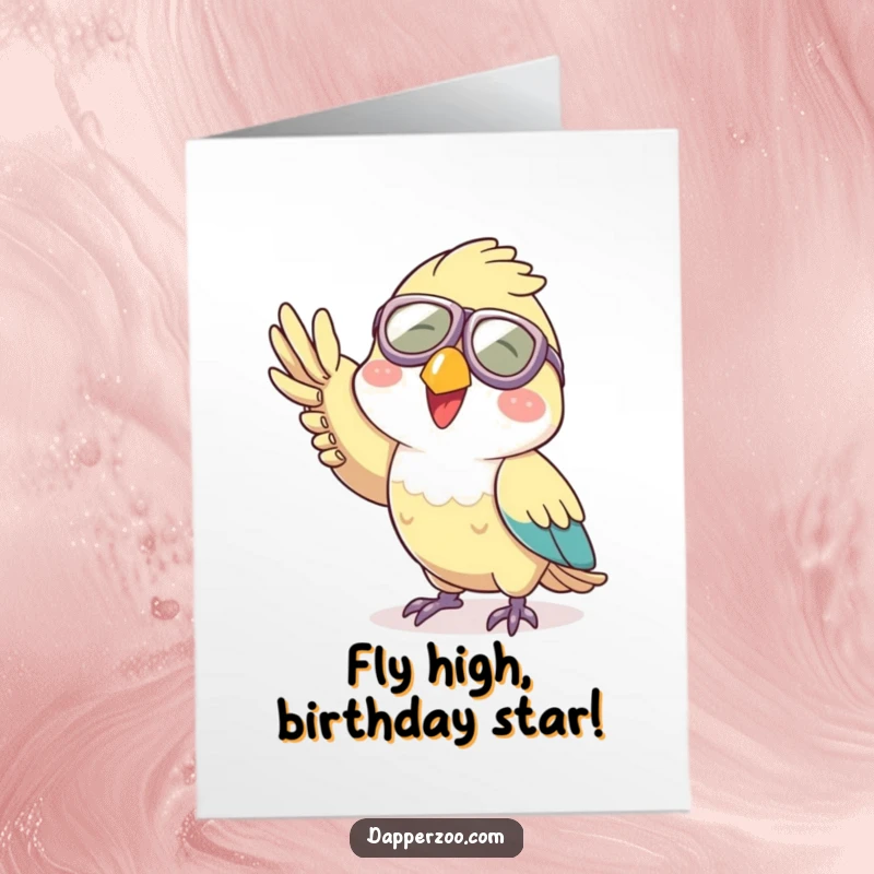Funny Free Printable Parrot Birthday Card: Joyful parrot in aviator goggles playfully waving hello with a cheerful grin.