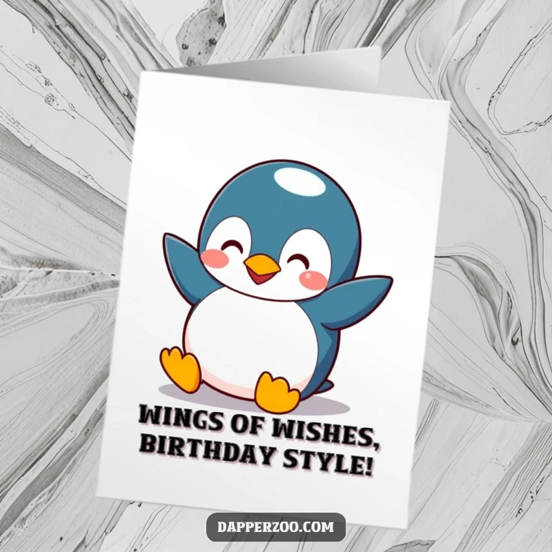 Funny Free Printable Birthday Card: Penguin comically flapping tiny wings, attempting flight, wishing Happy Birthday with a goofy smile.